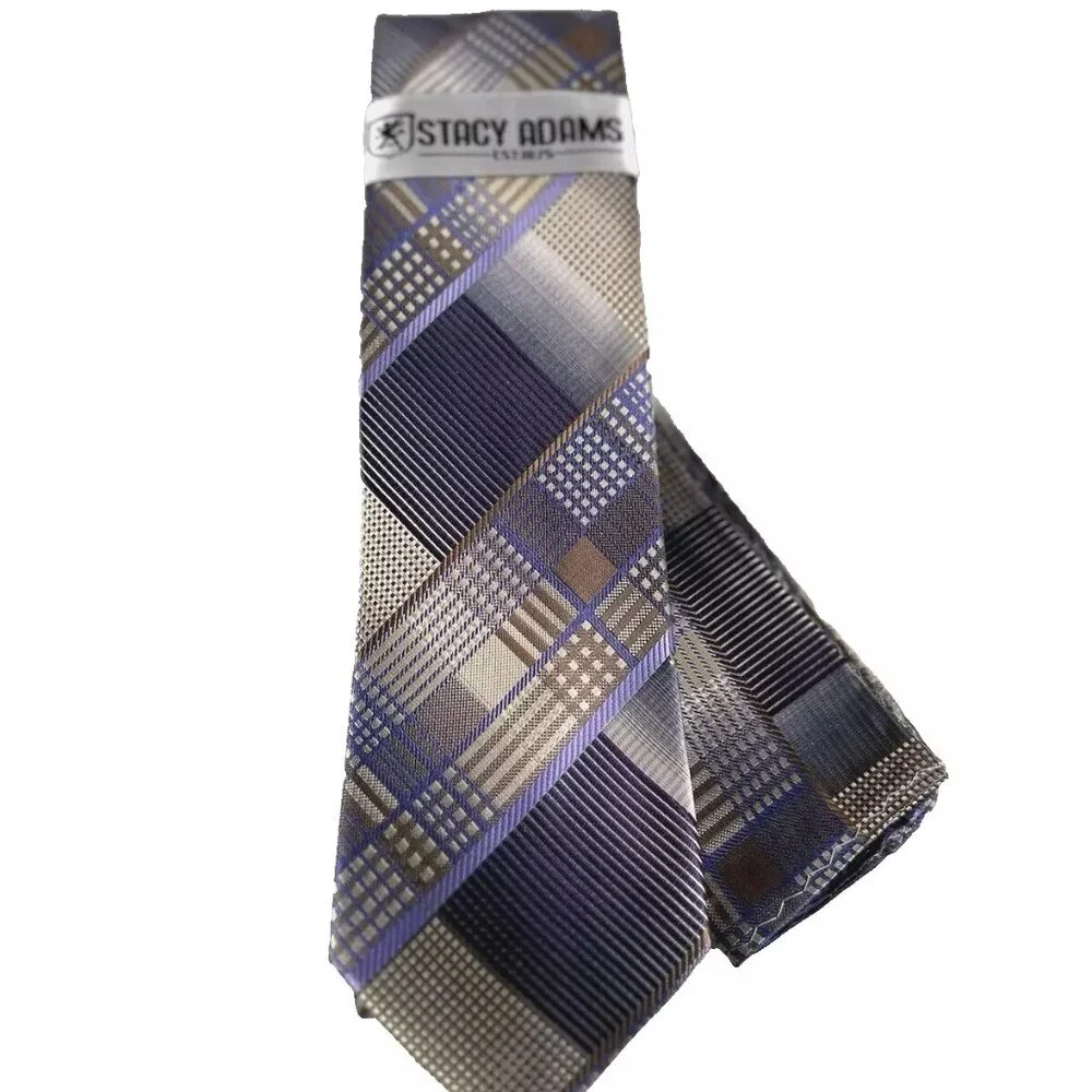 Stacy Adams Men's Tie & Hanky Beige Purple Rust Lilac Silver Plaids 3.25